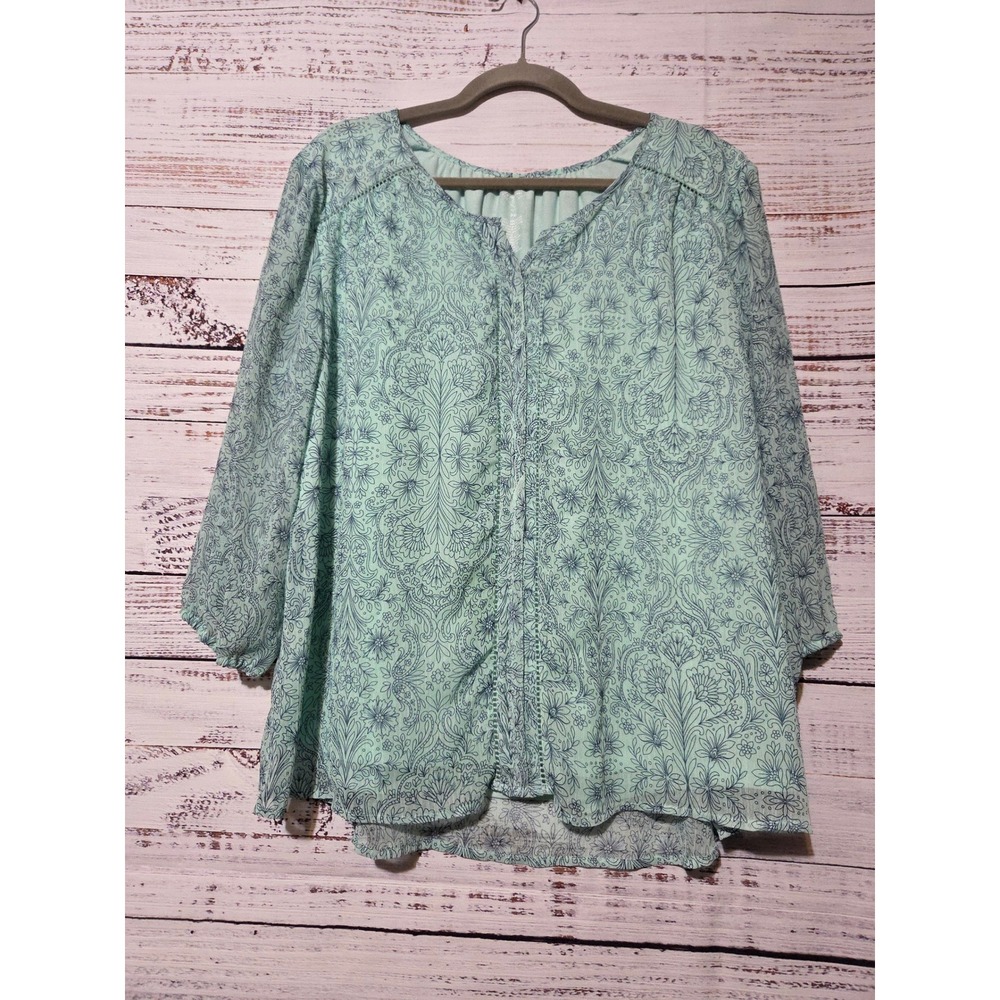 St Johns Bay Petite PXL Mint Green Paisley Floral 3/4 Sleeve Blouse Top